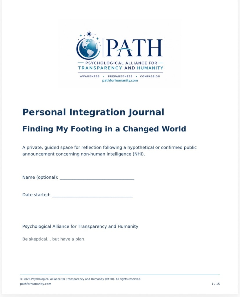Cover page of the Personal Integration Journal: Finding My Footing in a Changed World — PATH logo at top, title and subtitle in navy, with name and date fields and the tagline 'Be skeptical… but have a plan.'